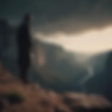 Confronting Fear A shadowy figure standing at the edge of a cliff, symbolizing the confrontation with fear.