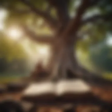 Wisdom and Enlightenment An ancient text open under a tree, symbolizing wisdom and enlightenment.