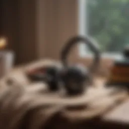 A serene setting with headphones and a cozy blanket