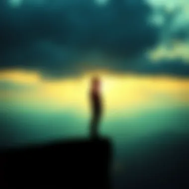 A silhouette of a person contemplating at a cliff's edge, illustrating introspection and personal growth