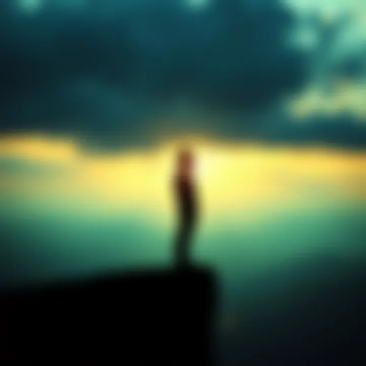 A silhouette of a person contemplating at a cliff's edge, illustrating introspection and personal growth