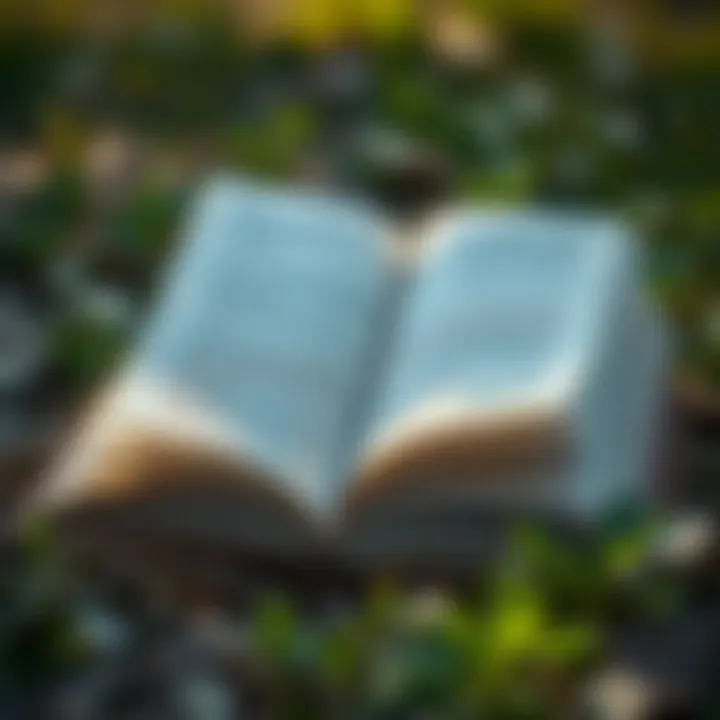 An open book with pages turning, surrounded by nature, representing the wisdom gained from literature