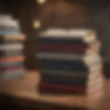 A stack of influential financial books on a wooden table