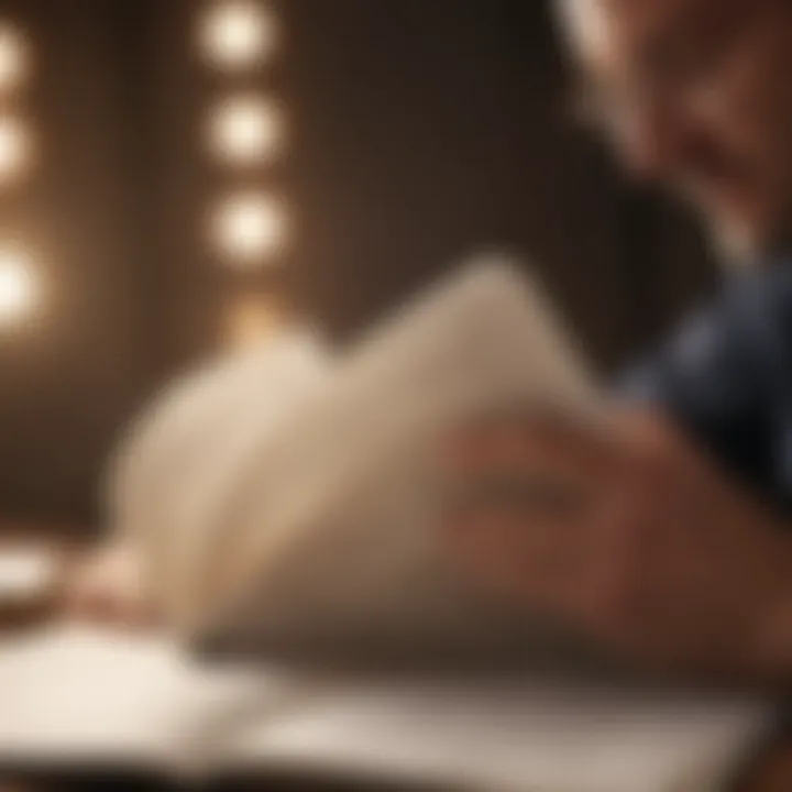 Close-up of a person reading a finance book with notes beside it