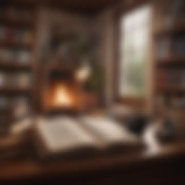An open book with inspirational quotes surrounded by a cozy reading nook, emphasizing the joy of reading.