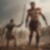 A dramatic representation of David confronting Goliath on a battlefield.