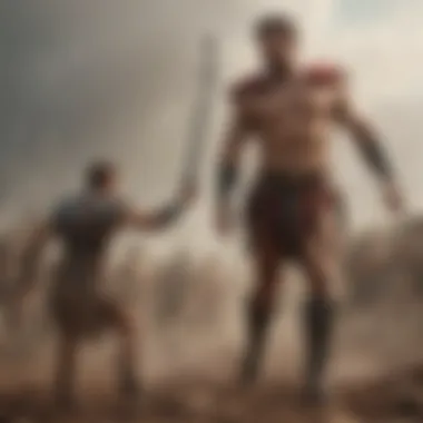 A dramatic representation of David confronting Goliath on a battlefield.