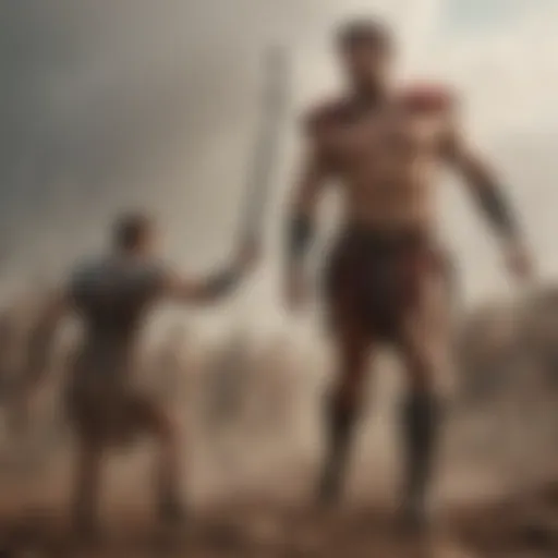A dramatic representation of David confronting Goliath on a battlefield.