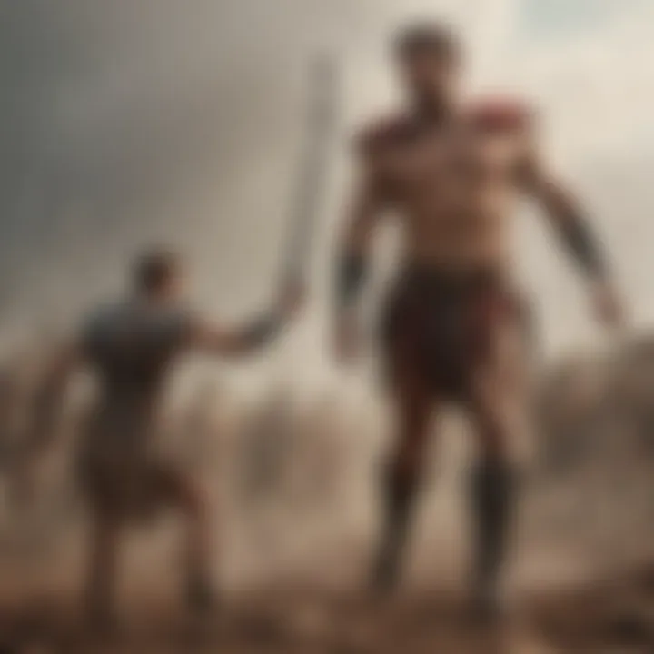 A dramatic representation of David confronting Goliath on a battlefield.