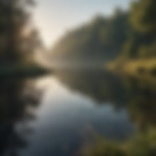 A serene landscape with a tranquil lake reflecting the sky