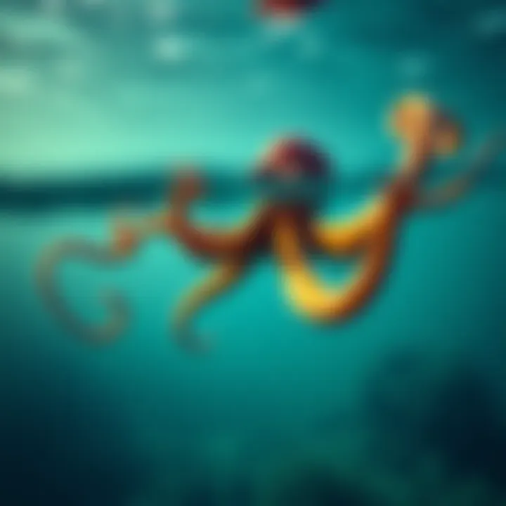 A serene oceanic landscape with an octopus gracefully moving through the water.