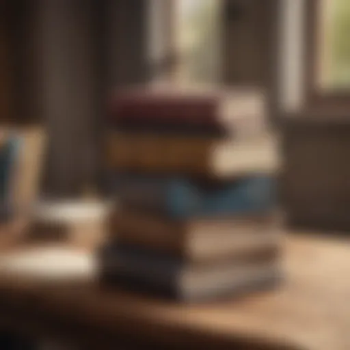 A stack of financial success books on a wooden desk