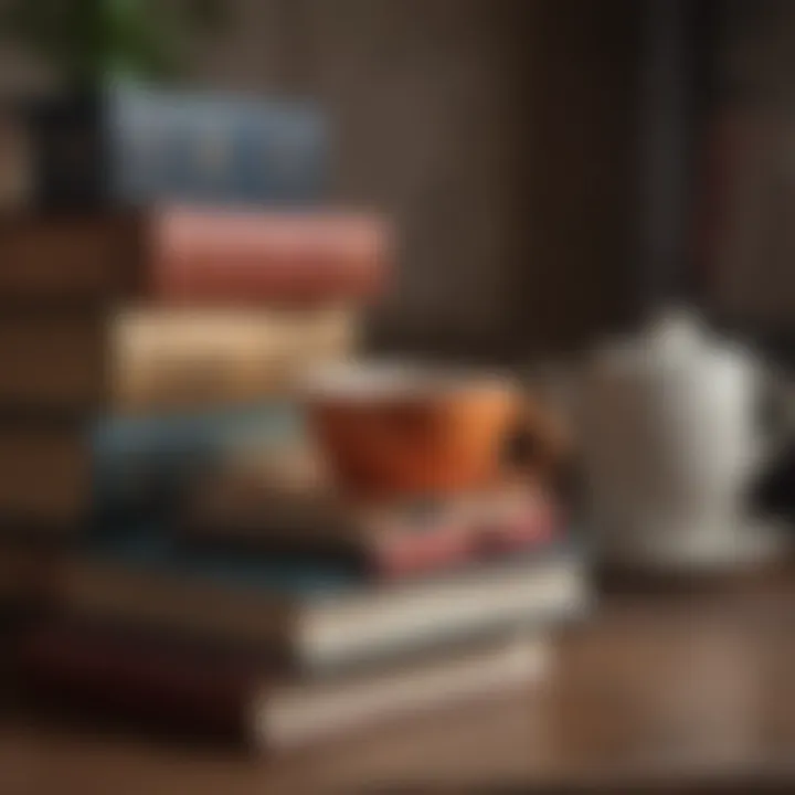 An array of self-help books stacked with a cup of tea