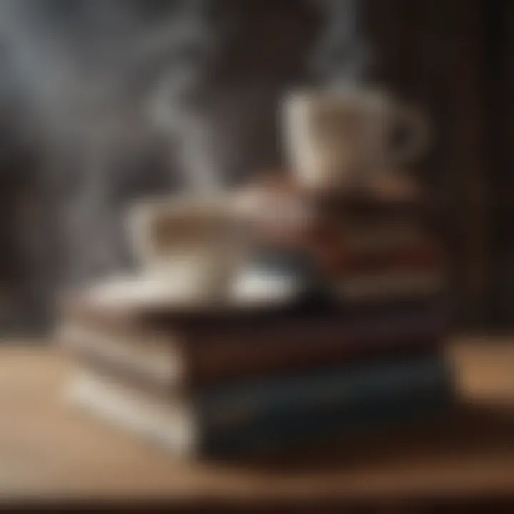 Books stacked creatively with a steaming cup of coffee beside them