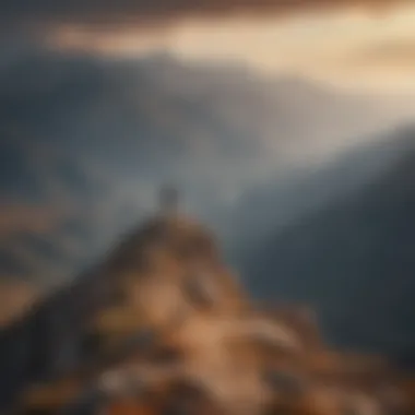 The Perspective of Solitude A solitary figure standing atop a mountain, gazing at a vast horizon, representing introspection.