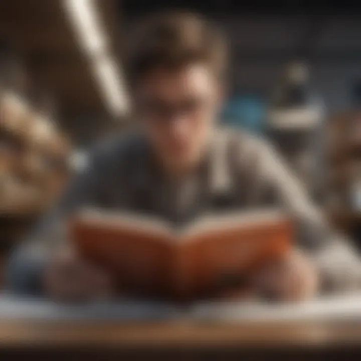 A person engaged in reading a book summary on a digital device, highlighting modern learning.