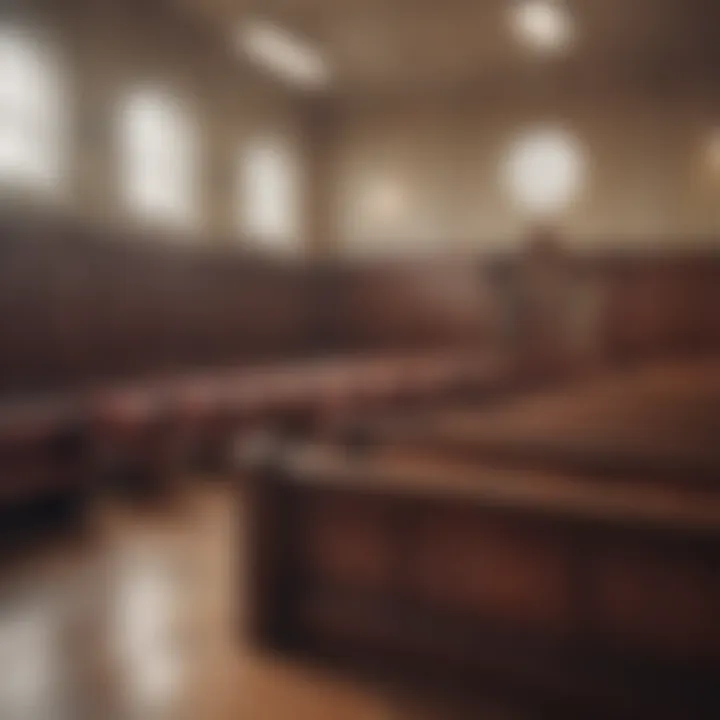 A courtroom with empty benches