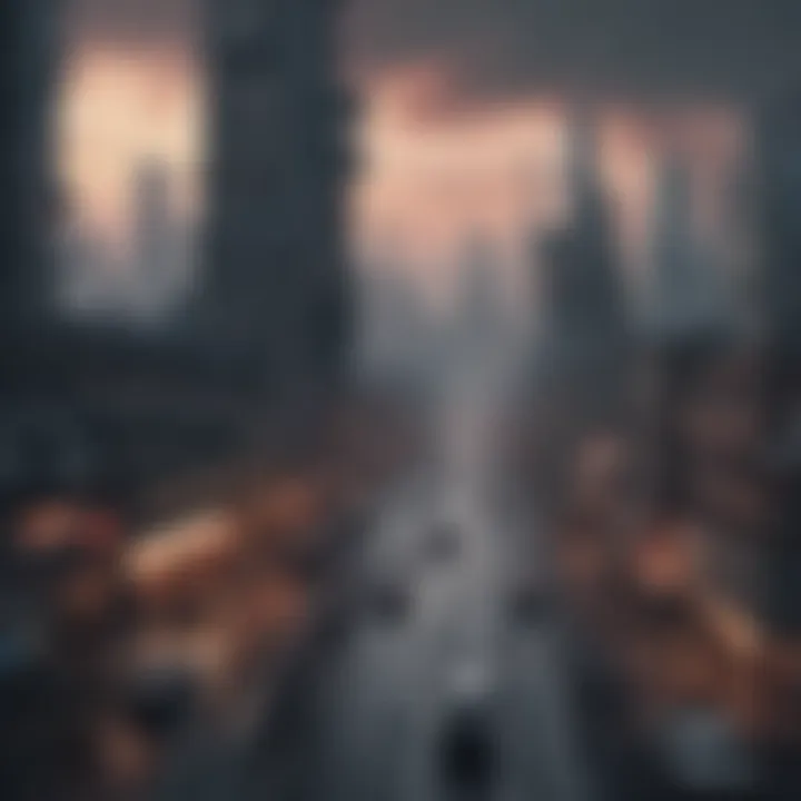 A dystopian cityscape representing the oppressive nature of totalitarian regimes.