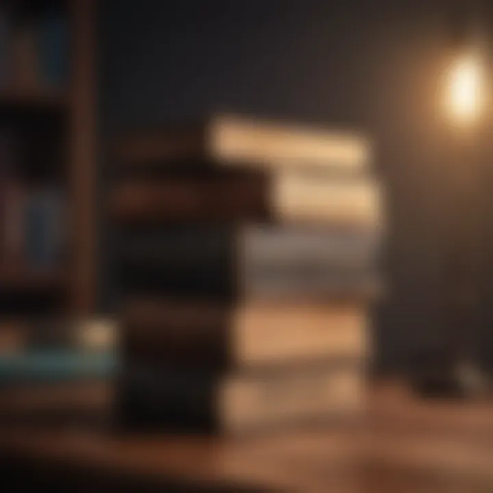 A stack of classic inspirational books on a wooden desk