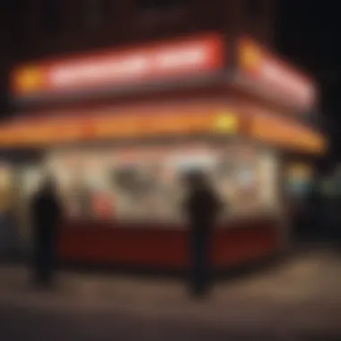 A bustling fast food restaurant showcasing long lines and vibrant signage.