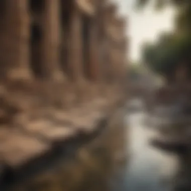 Eternal Flow of Time Abstract representation of time as a flowing river with ancient ruins on the banks