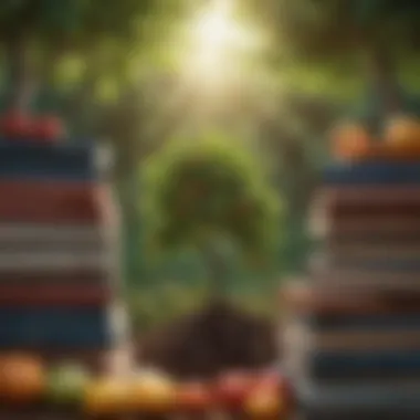 Cultivating Knowledge Growth Illustration of a person planting a tree with books as fruits, representing growth through reading
