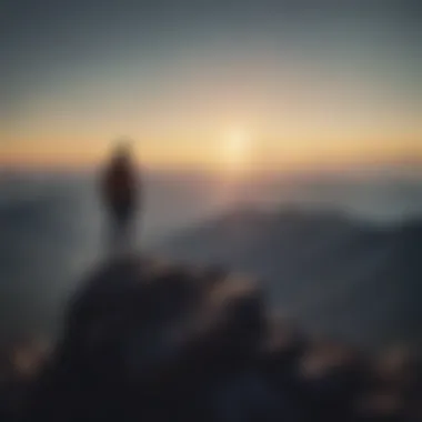 Vision from the Summit A silhouette of a person standing on a mountain peak, looking at the horizon