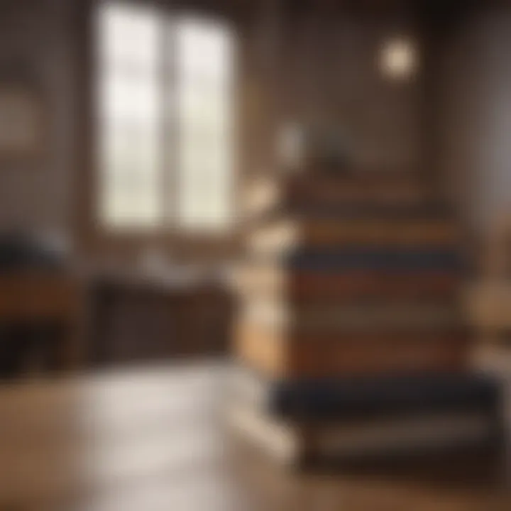 An array of influential investment books on a wooden table.