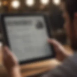 A person deeply focused on reading a PDF document on a tablet, highlighting important sections.