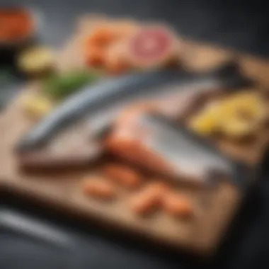 A selection of fatty fish on a cutting board, emphasizing healthy fats.