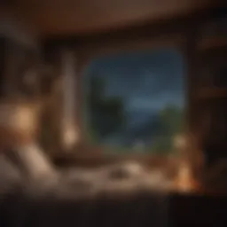 A serene night scene with a cozy reading nook illuminated by soft light