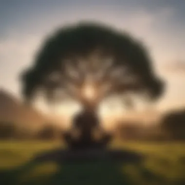 Mind-Body Synchrony: Silhouette of a person meditating under a tree, surrounded by nature.