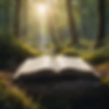 An open book with highlighted passages, surrounded by nature to symbolize mindfulness.