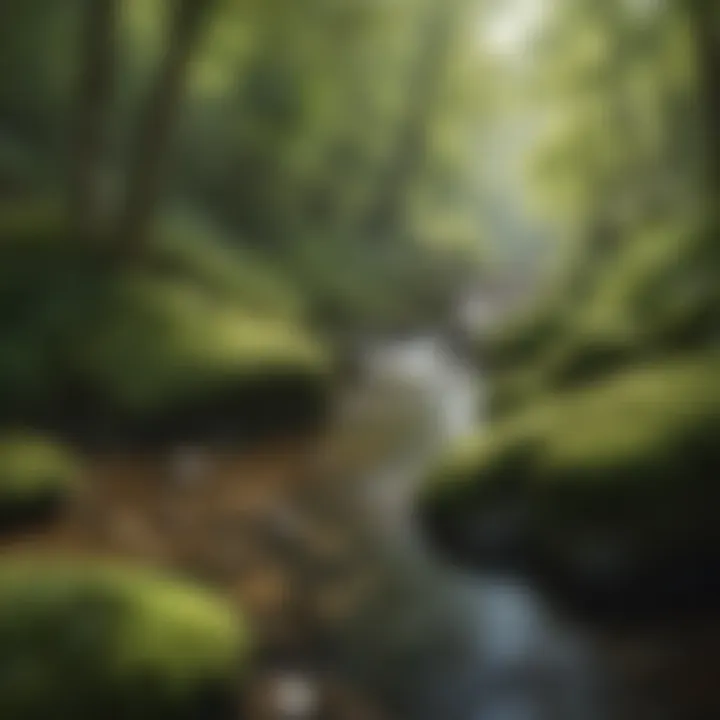 Moss-covered rocks by a glistening woodland stream