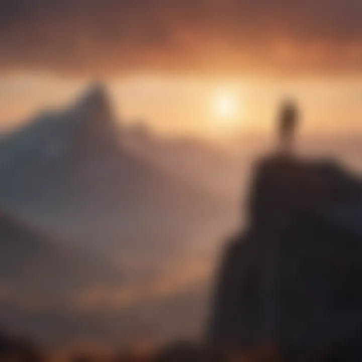 Silhouette of a lone figure standing on mountaintop at sunrise