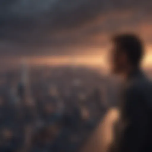 A contemplative individual gazing at a city skyline, symbolizing ambition and vision.