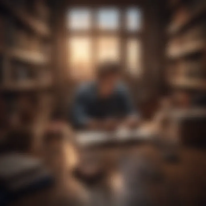 A person contemplating with a notebook and pen, surrounded by books