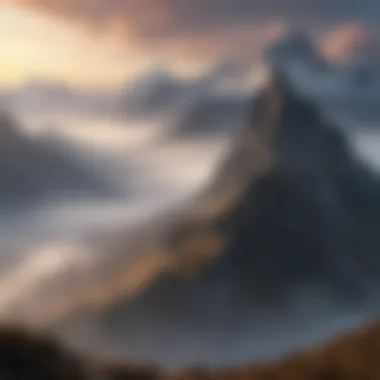 Majestic mountains piercing through a veil of mist at dawn