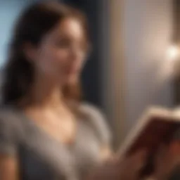 A person engrossed in reading a book summary on a digital device