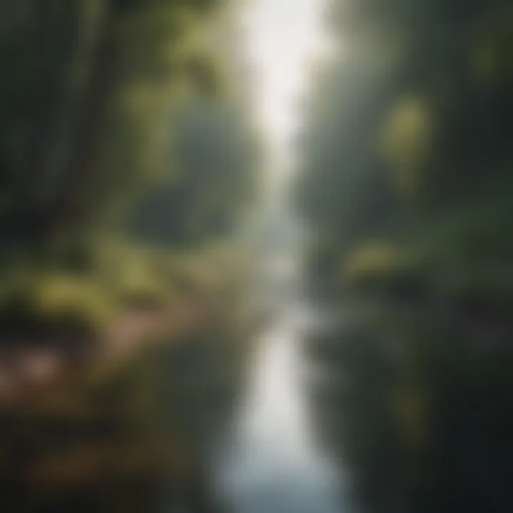 Abstract depiction of slow pace as a tranquil river winding through a serene landscape