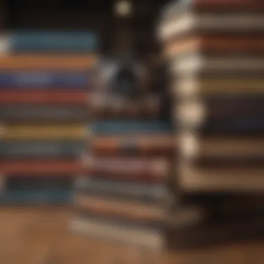 Stack of books with an audiobook symbol overlay