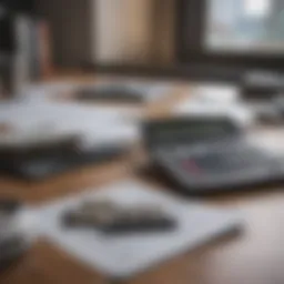 A modern workspace with financial documents and a calculator