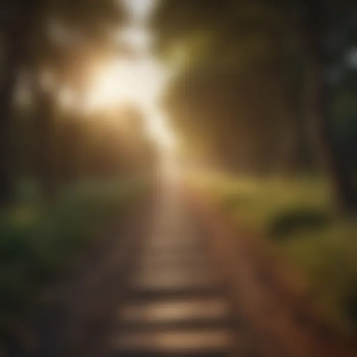 A pathway lined with trees leading towards a bright horizon