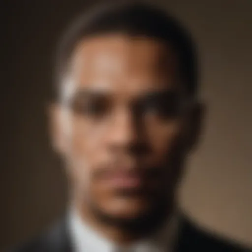 A powerful portrait of Malcolm X reflecting his strong character and determination.