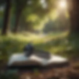 A person enjoying an audiobook in a serene park setting.