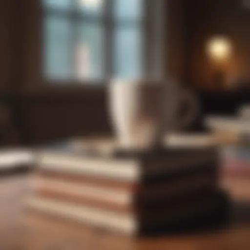 Books stacked on a table with a cup of coffee