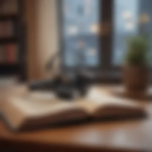 A serene workspace featuring a book and headphones, symbolizing the blend of reading and listening.