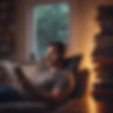 A person enjoying an audiobook while relaxing in a cozy environment