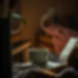 A cozy reading nook with a stack of books and a steaming cup of tea