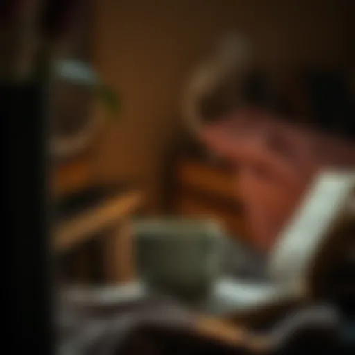A cozy reading nook with a stack of books and a steaming cup of tea